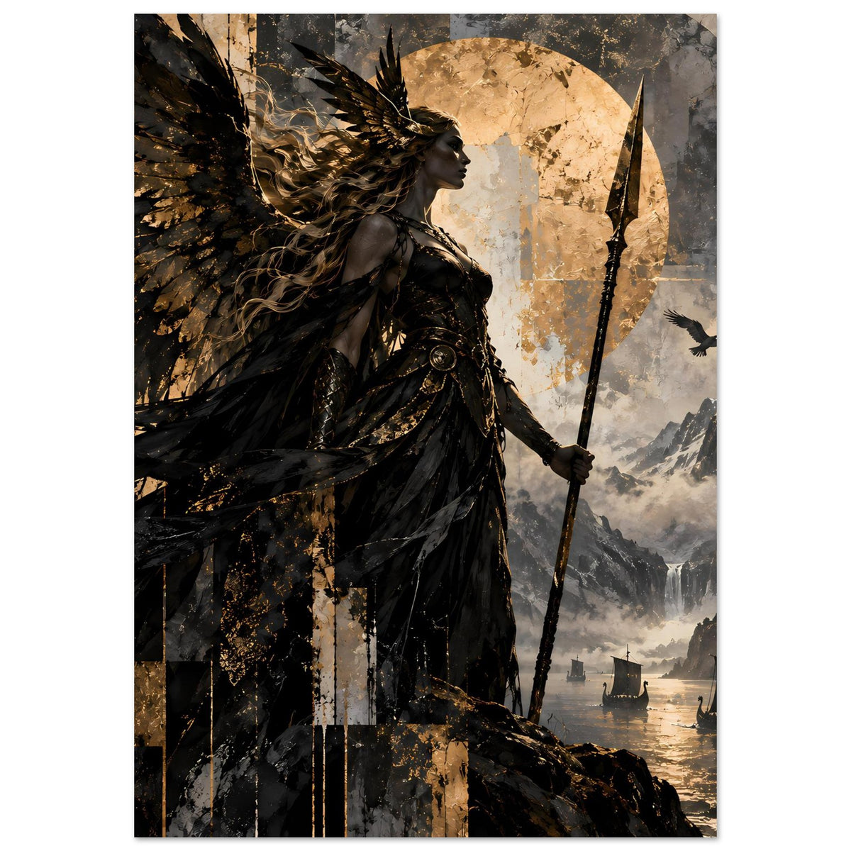 Kunstposter: Valkyrie mit Speer und Flügeln, goldene Akzente auf dunklem Umhang