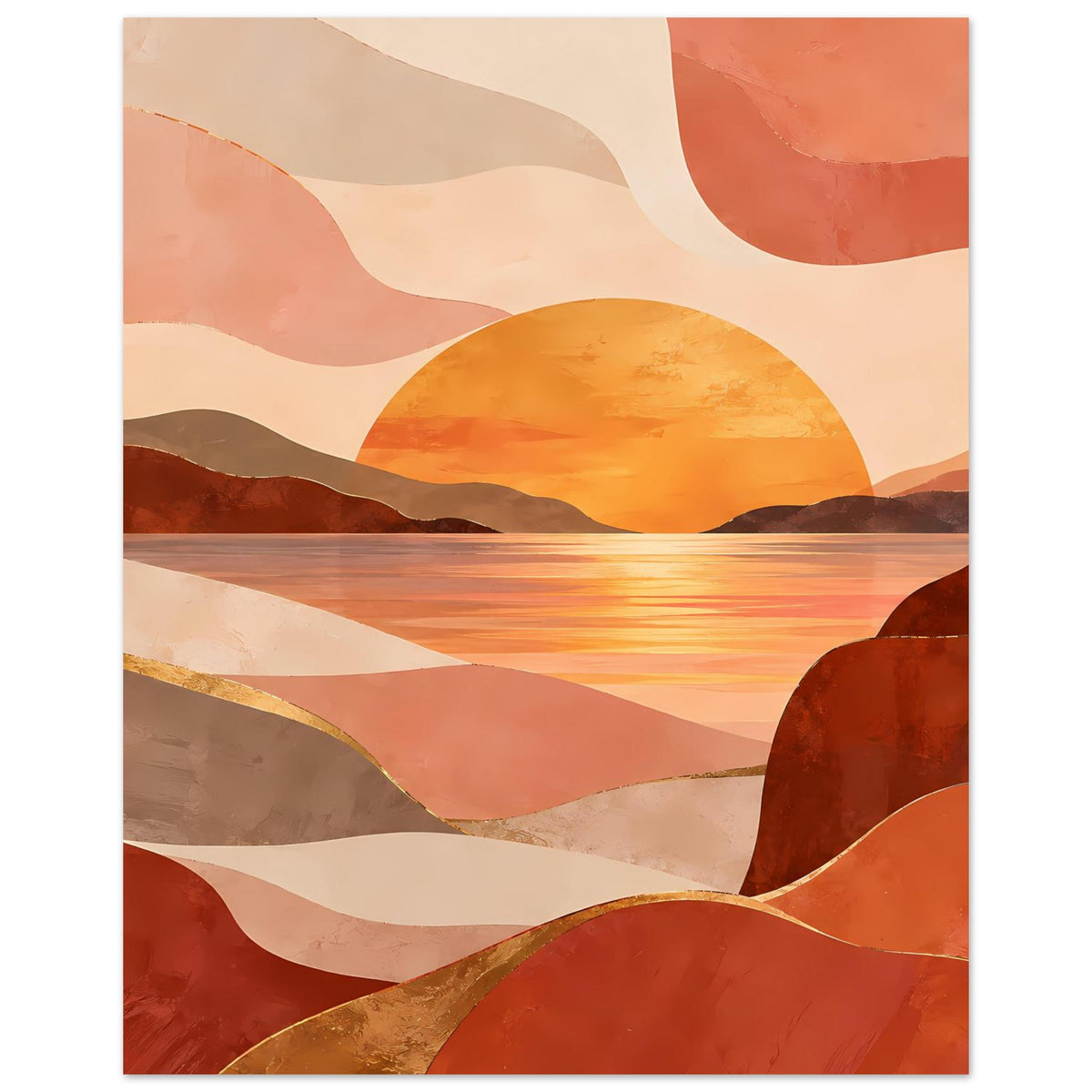 Hochformat Poster mit abstrakter Sonnenuntergangslandschaft in warmen Erdtönen, goldene Sonne