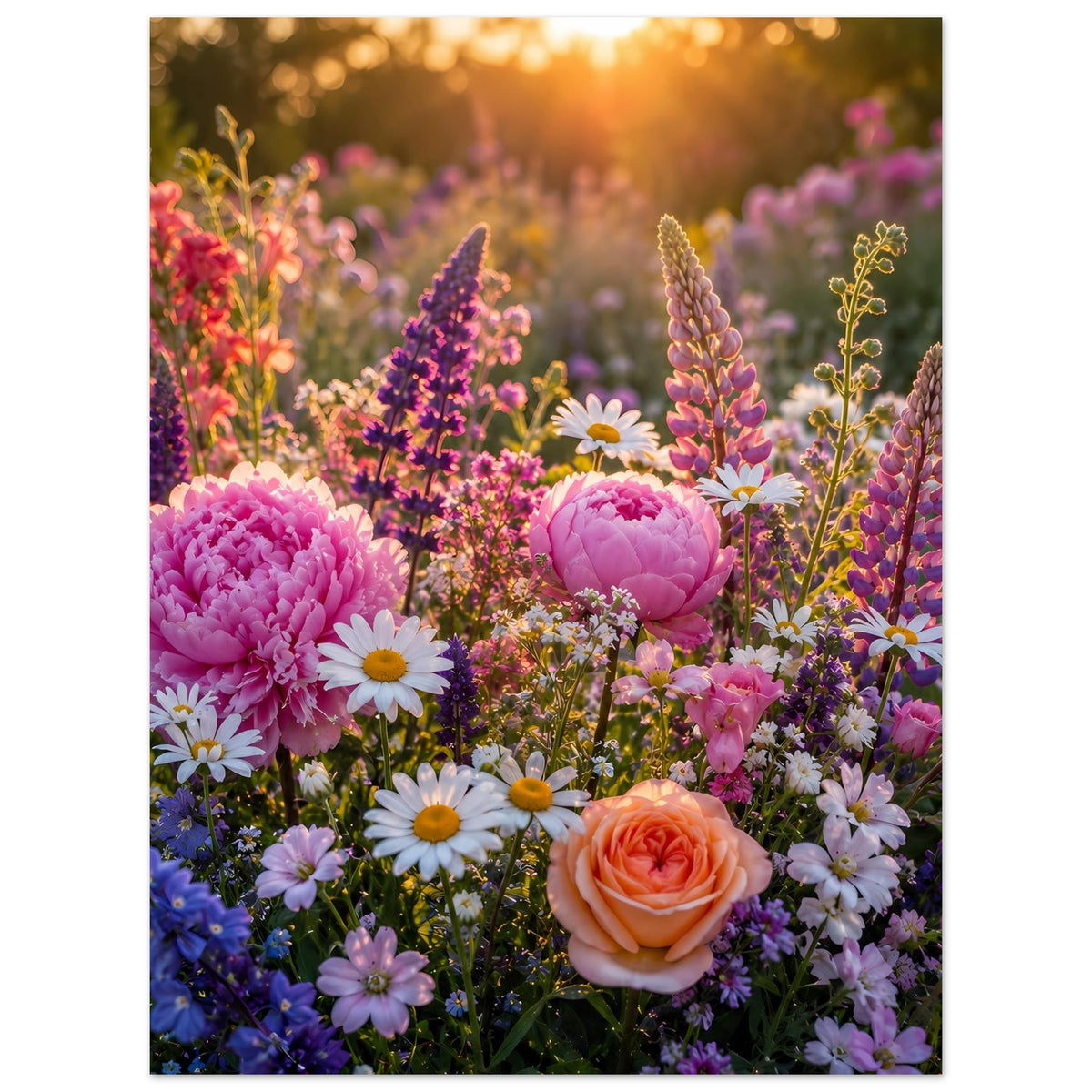 Blumenmeer-Poster mit Pfingstrosen, orangefarbener Rose und bunten Blumen in Rosa und Lila.
