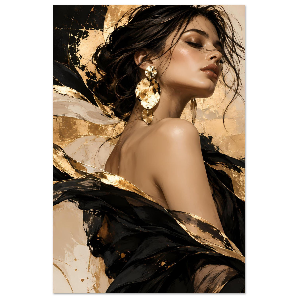 Vertikales Portraitposter: Frau im Glamour-Stil, goldene Ohrringe, schwarz-goldenes Abstraktgemälde