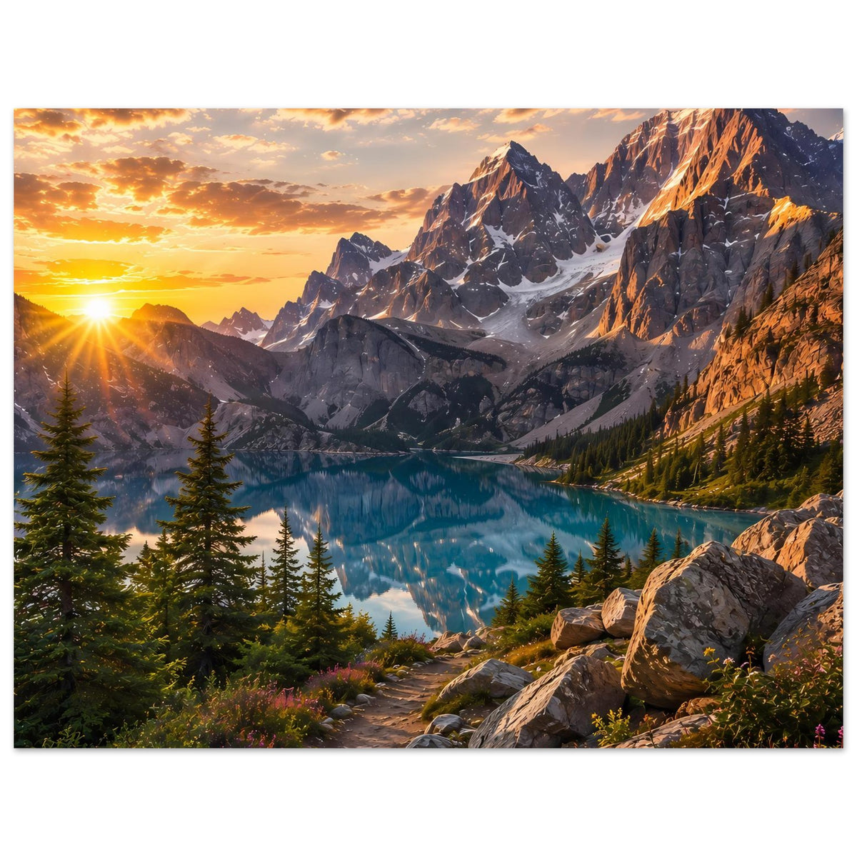 Horizontales Poster mit Bergsee zur goldenen Stunde, Berge und Felsufer im Vordergrund