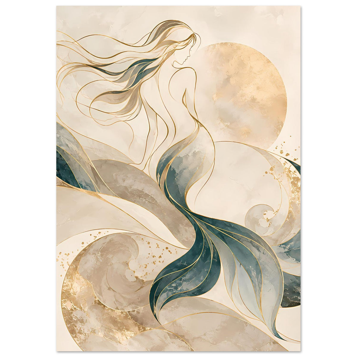 Wandposter im Hochformat: Meerjungfrau mit langen Haaren, goldene Monde und türkisgrüner Flosse