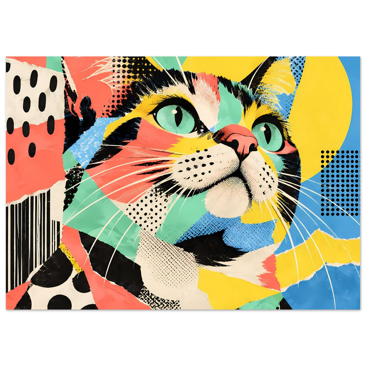 Pop-Art-Katzenposter, nahes Katzenportrait mit grafischen Farben, Querformat