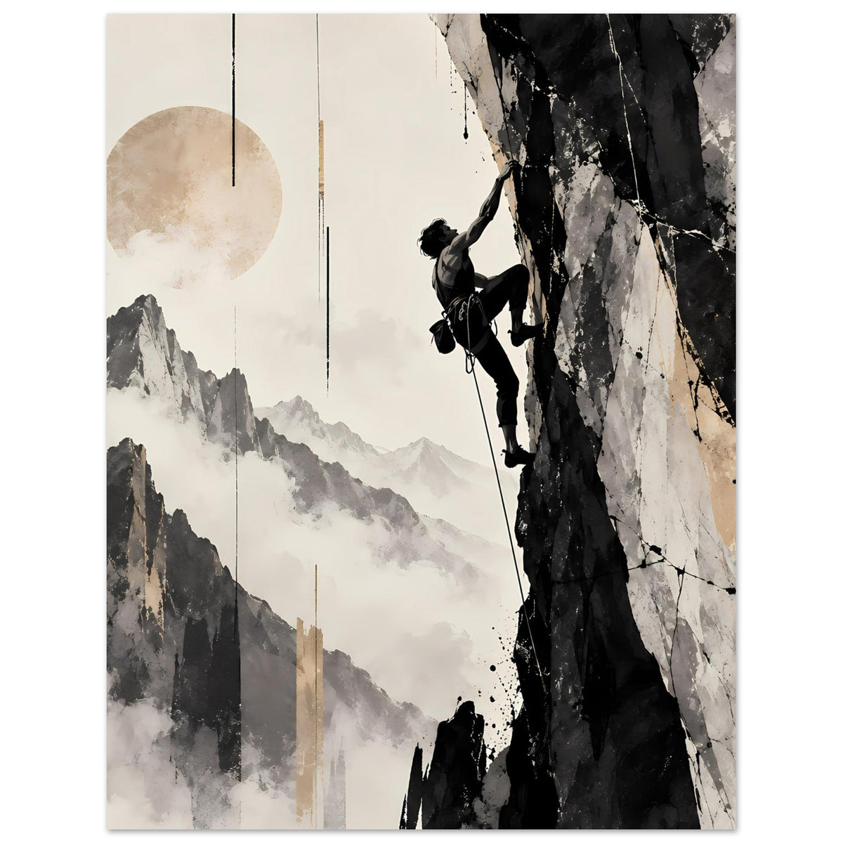 Kunstposter: Bergsteiger an der Felswand, dramatische Bergsilhouetten in Grau