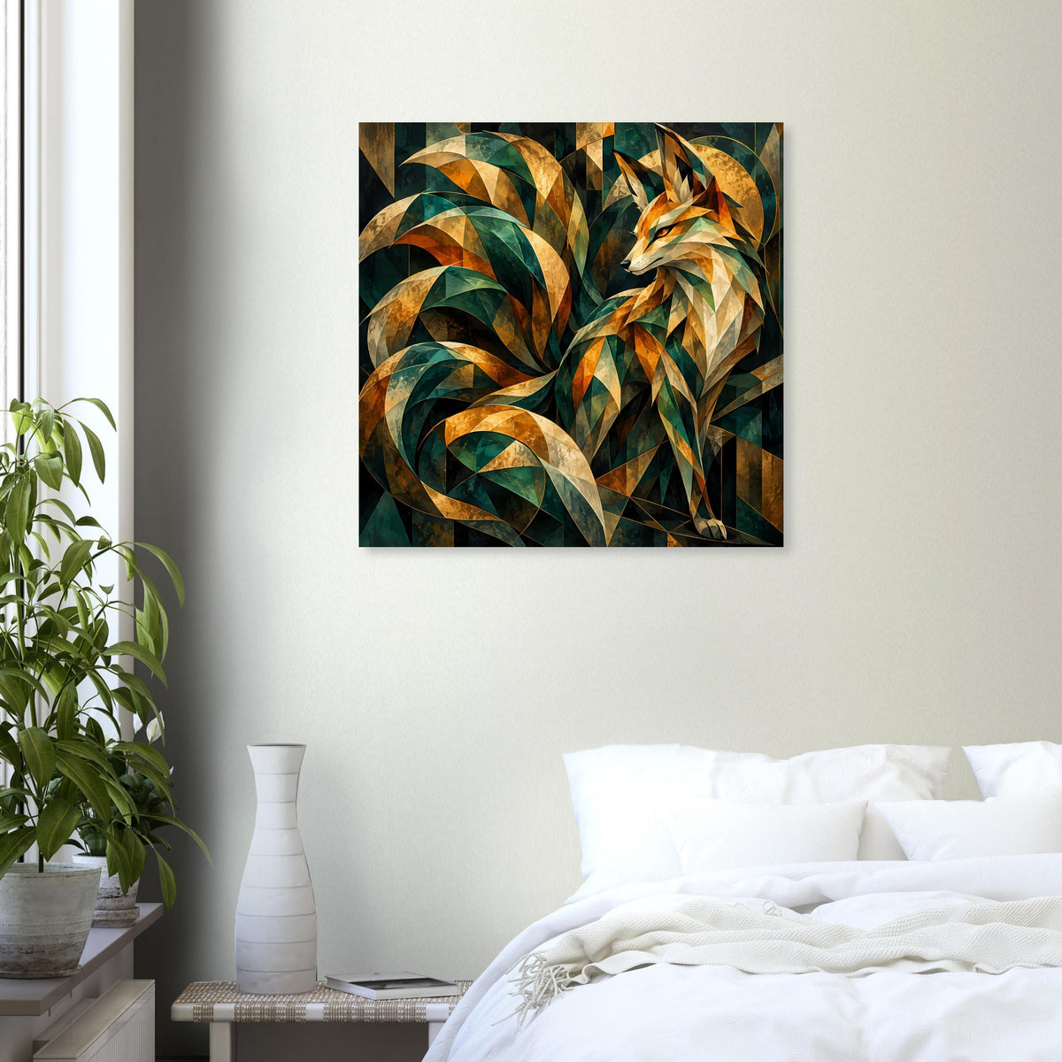 Quadratisches Kunstposter mit Fuchs-Motiv in Smaragdgrün und Gold, abstrakte Wellen