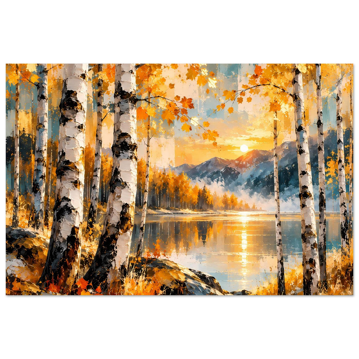 Herbst-Birkenposter im Querformat mit orangefarbenem Laub, Wasserreflexion und Sonnenkreis.