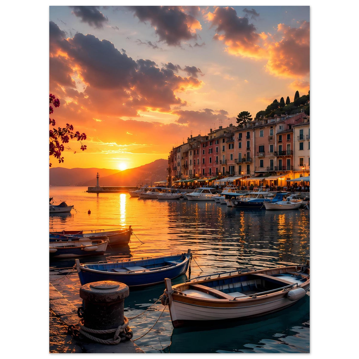 Hafenposter mit Sonnenuntergang über dem Wasser, Liegeboote und Hafenpromenade im warmen Licht