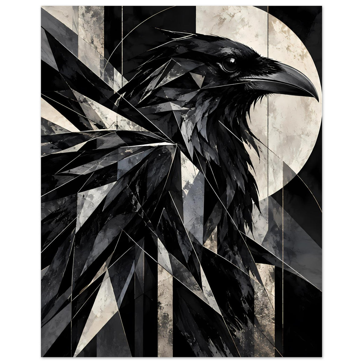 Kunstposter: nahes Motiv eines geometrischen Raben, schwarz-weiße Flächen und Federlinien