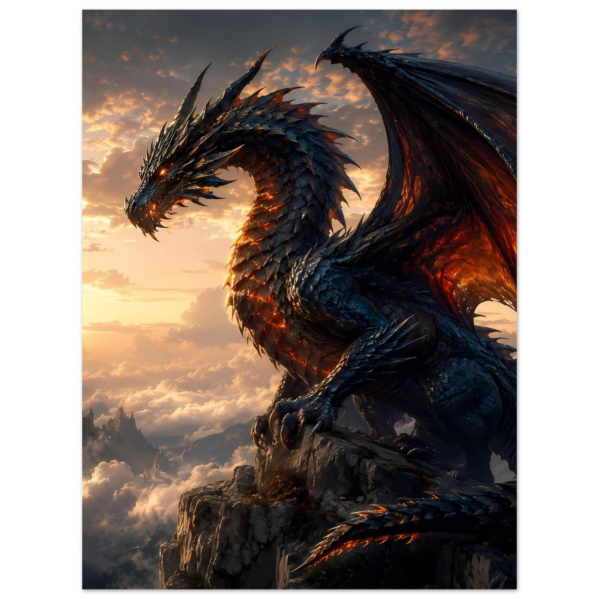 Fantasy-Poster: Drachenkopf mit leuchtendem Auge, dunkle Schuppen und große Flügel