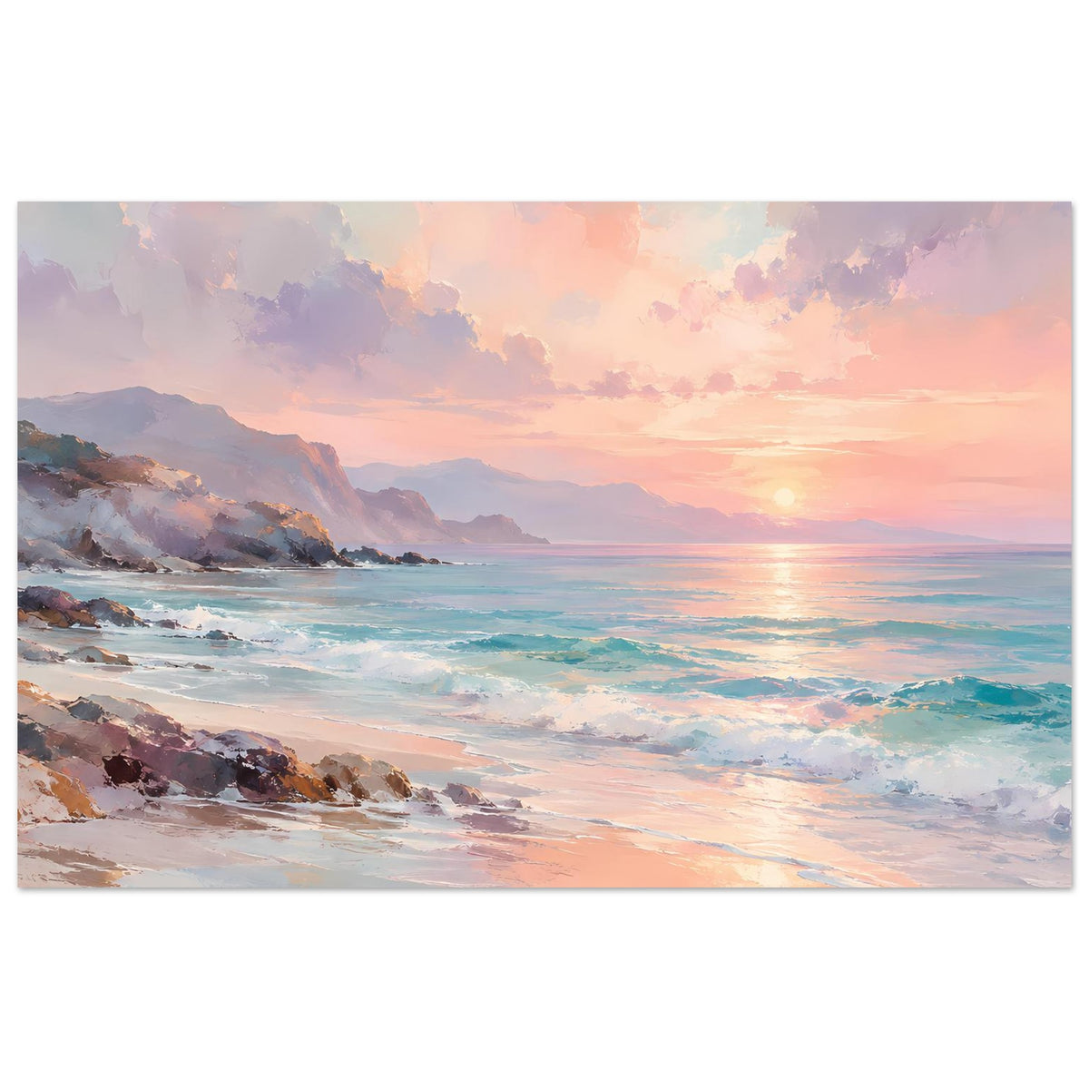 Querformat-Poster mit Strand, Meer und Sonnenuntergang im Pastell mit Wolken
