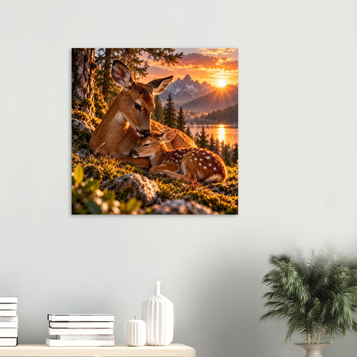 Kleines quadratisches Poster mit Reh und Rehkitz im Sonnenuntergang, warmes Naturmotiv