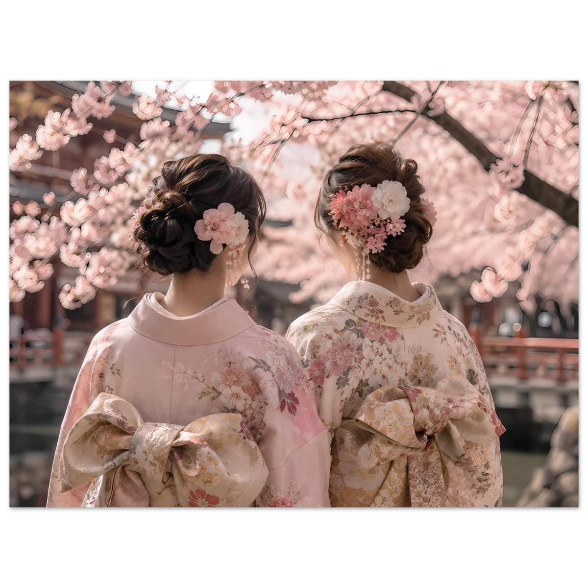 Kimono-Poster im Querformat: zwei Frauen in Blumen-Kimonos vor Kirschblüten