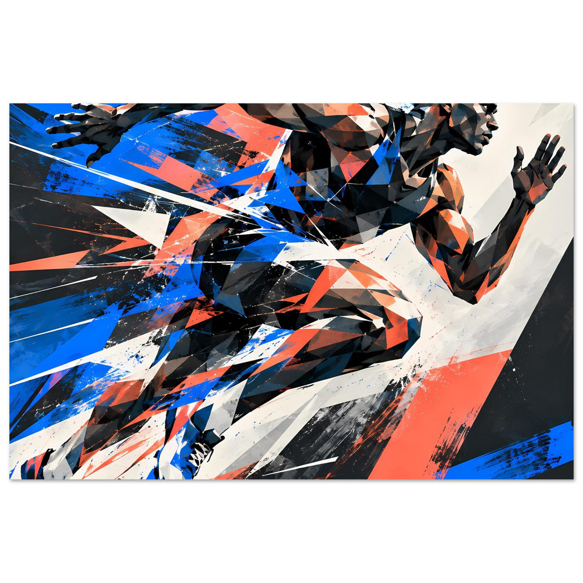 Poster mit dynamischem Läufer-Motiv, horizontales Motiv: geometrische Figur in Blau und Orange