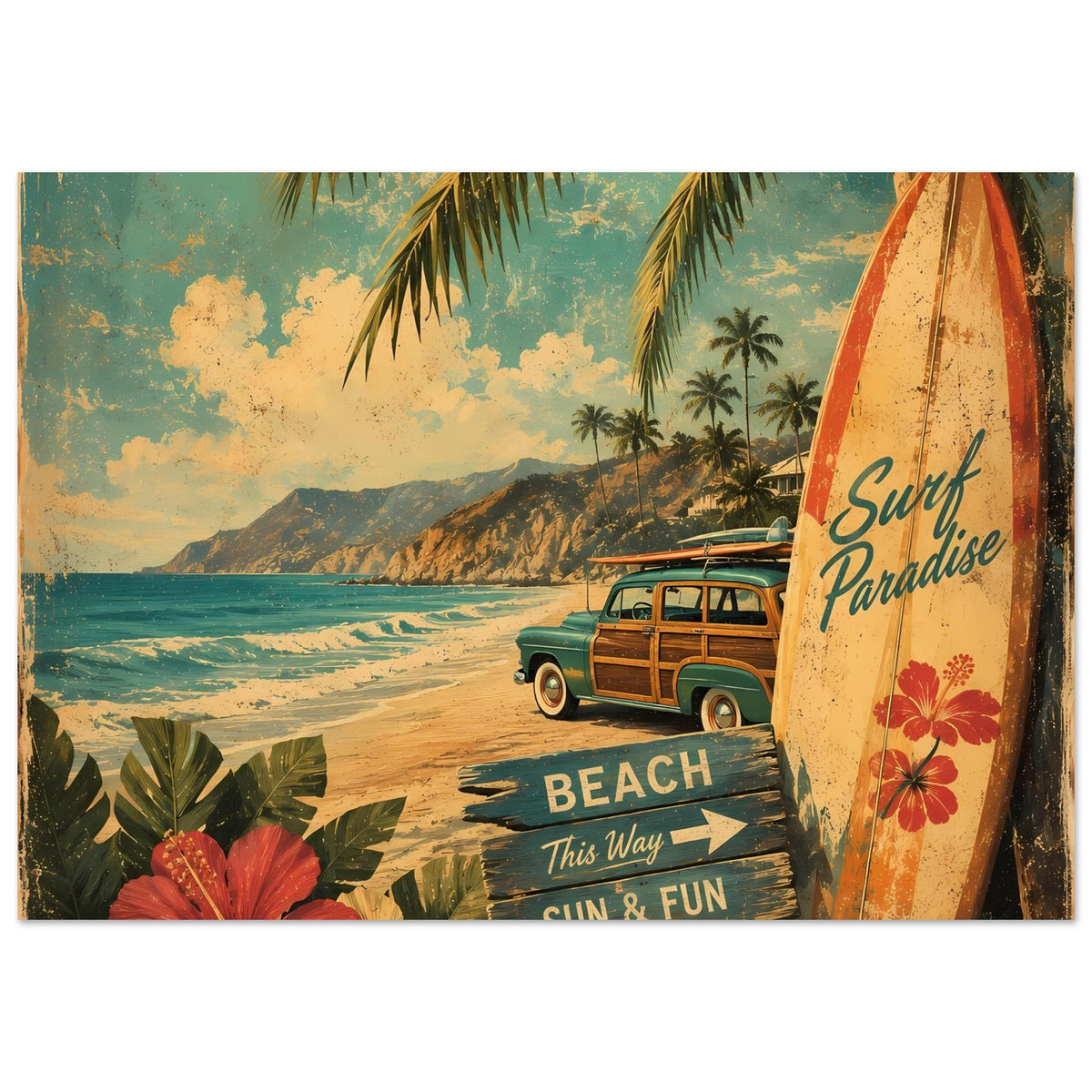 Beach-Poster: Surfbrett rechts, Sandstrand und Palmen, Text „Sur Paradise“ und „SUN & FUN“