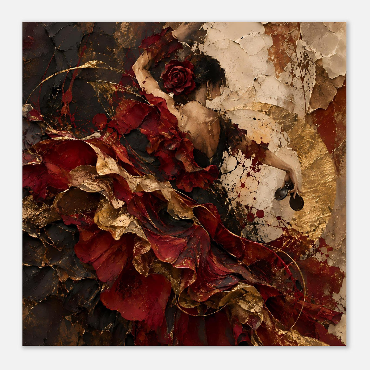 Nahaufnahme: Wandposter mit roter Rosenblüte, Tänzerfigur und goldbraunem Farbauftrag