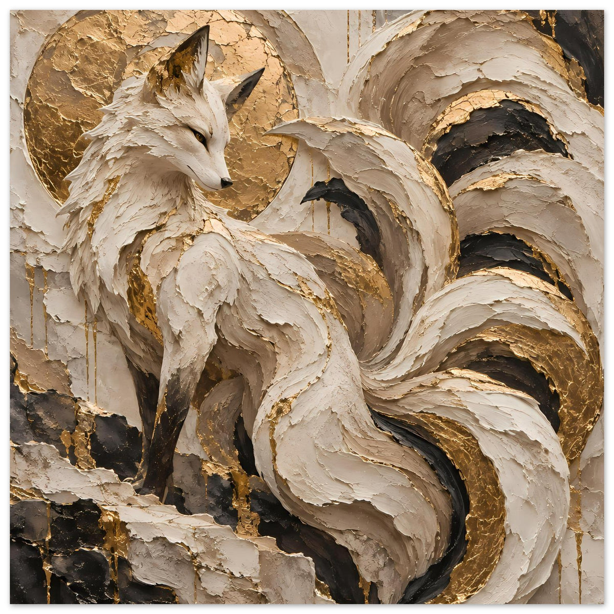 Kunstposter mit Fuchs im Gold-Beige-Look, detailreiche Struktur und dunkle Schatten