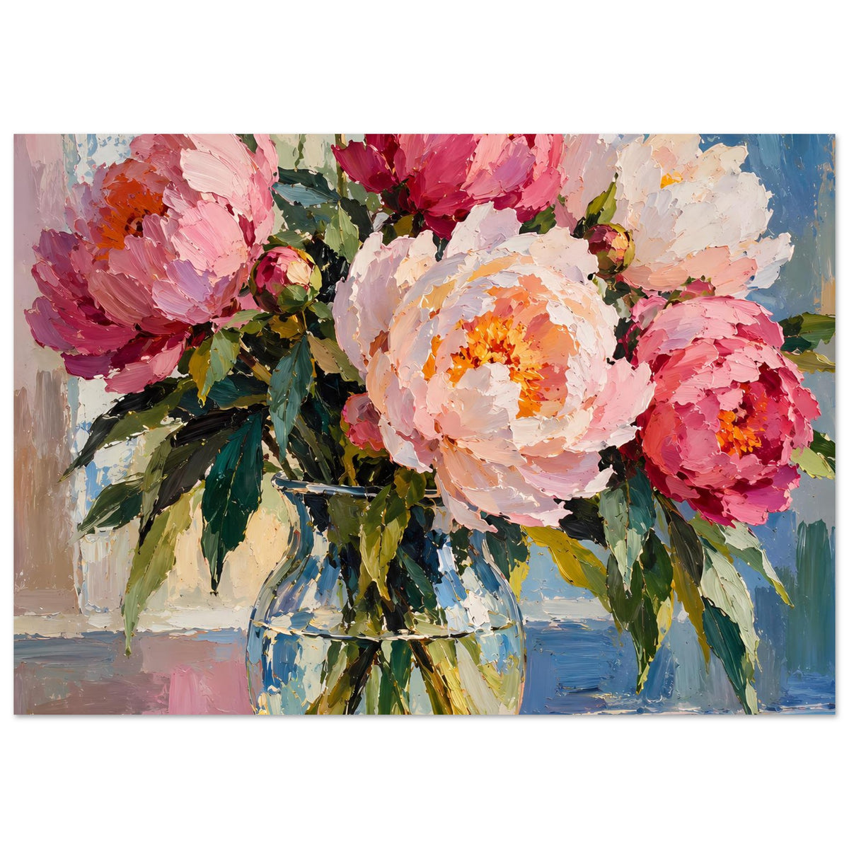 Blumenposter im Ölmalerei-Stil: Nahansicht Pfingstrosen in Vase, kräftige Rosa- und Rottöne, Querformat.