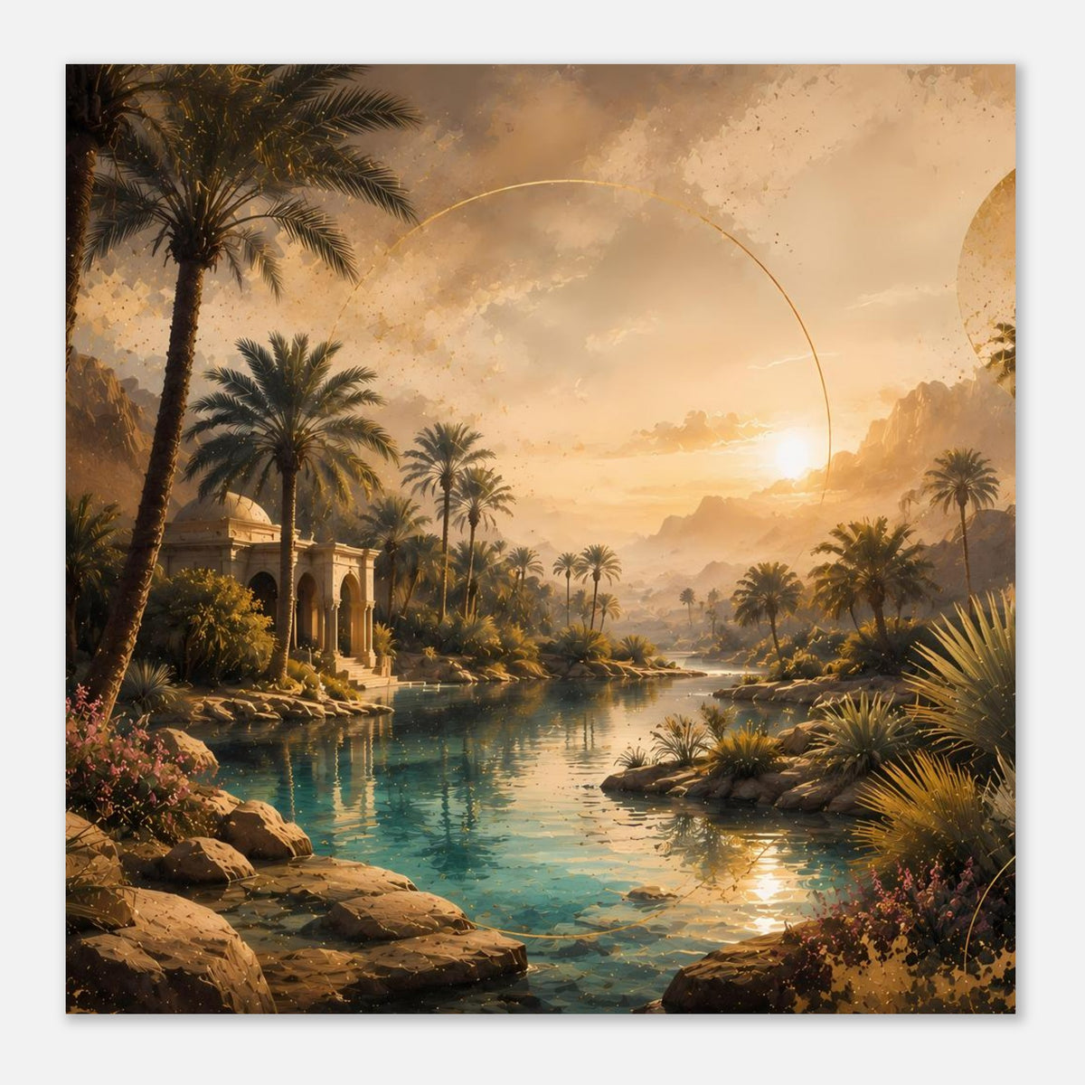 Wandposter mit Palmen, türkisblauem See, Sonnenbogen und orientalischem Pavillon