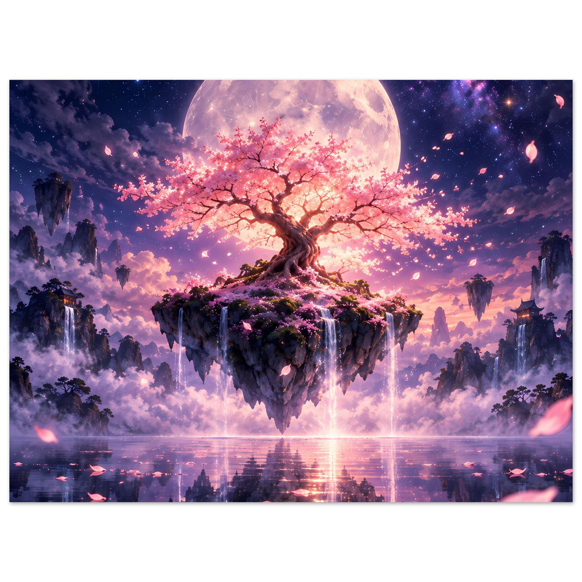 Kirschblütenbaum-Poster Querformat: schwebender Baum auf Insel, rosafarbene Blüten, Mondlicht