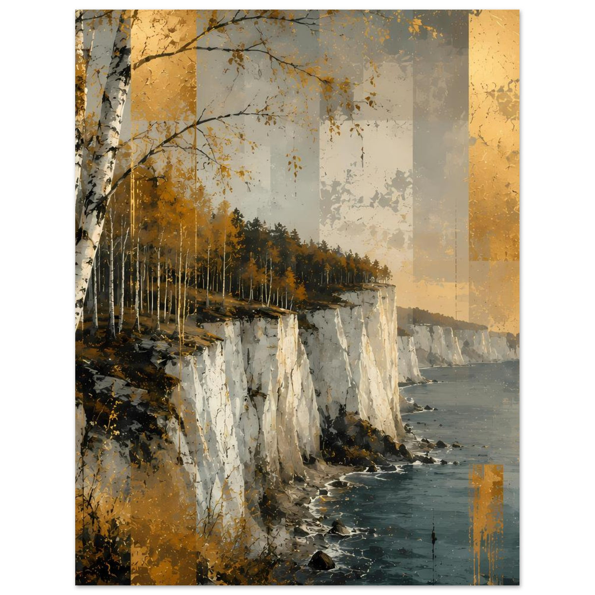 Küstenfelsen-Poster im Hochformat mit Meer und Klippen, Birken links, grau-goldenes Grafik-Overlay