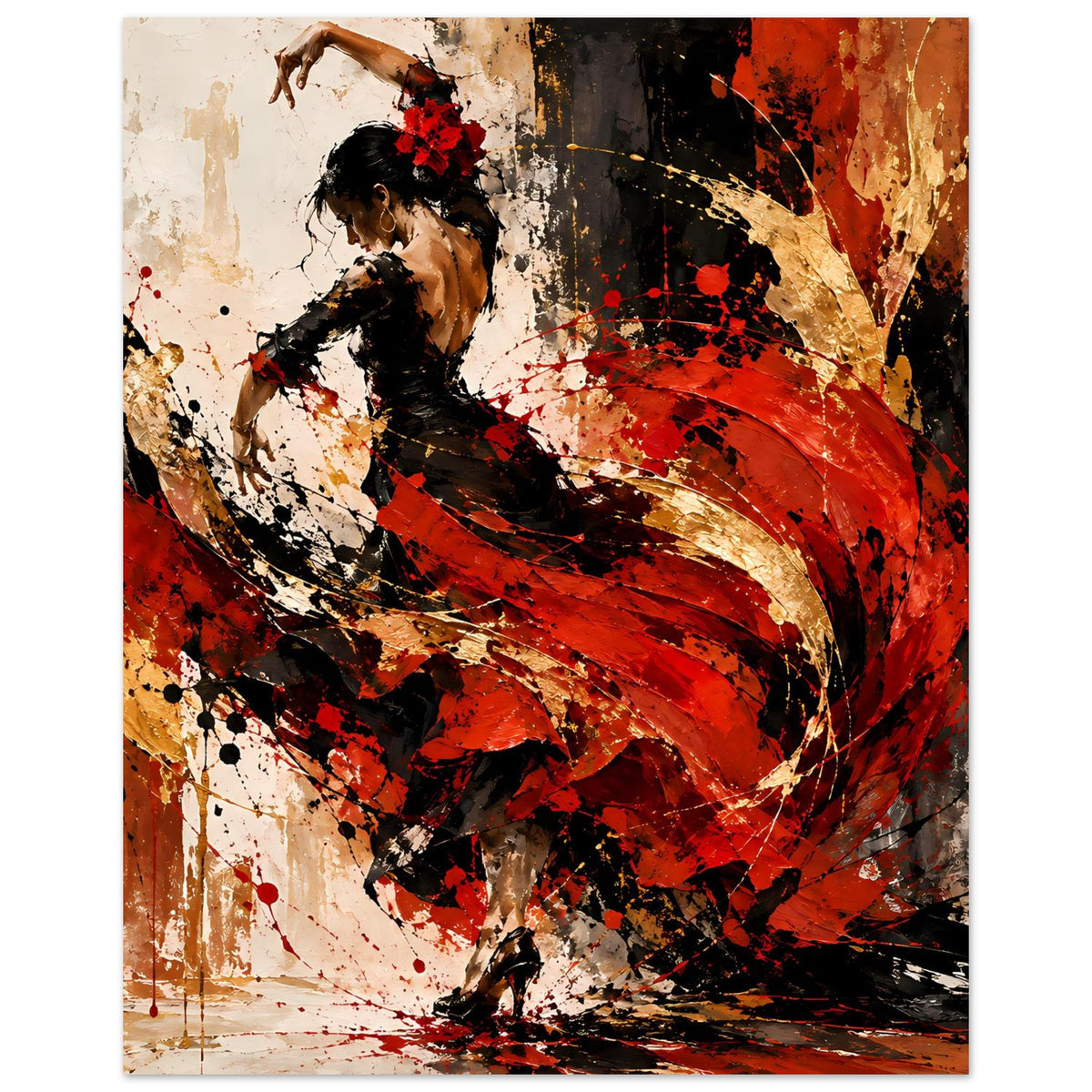 Flamenco-Feuerposter im Hochformat mit dynamischer Tänzerin-Silhouette, roten Farbflächen