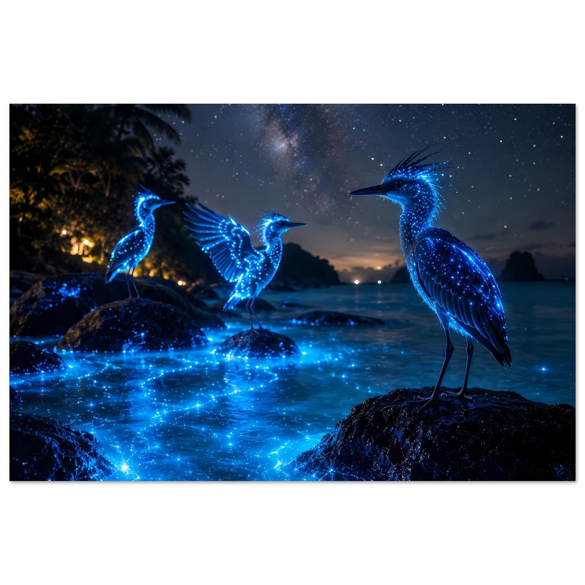 Poster: blau leuchtende Nachtvögel auf Felsen mit sternenklarem Galaxie-Licht im Meer