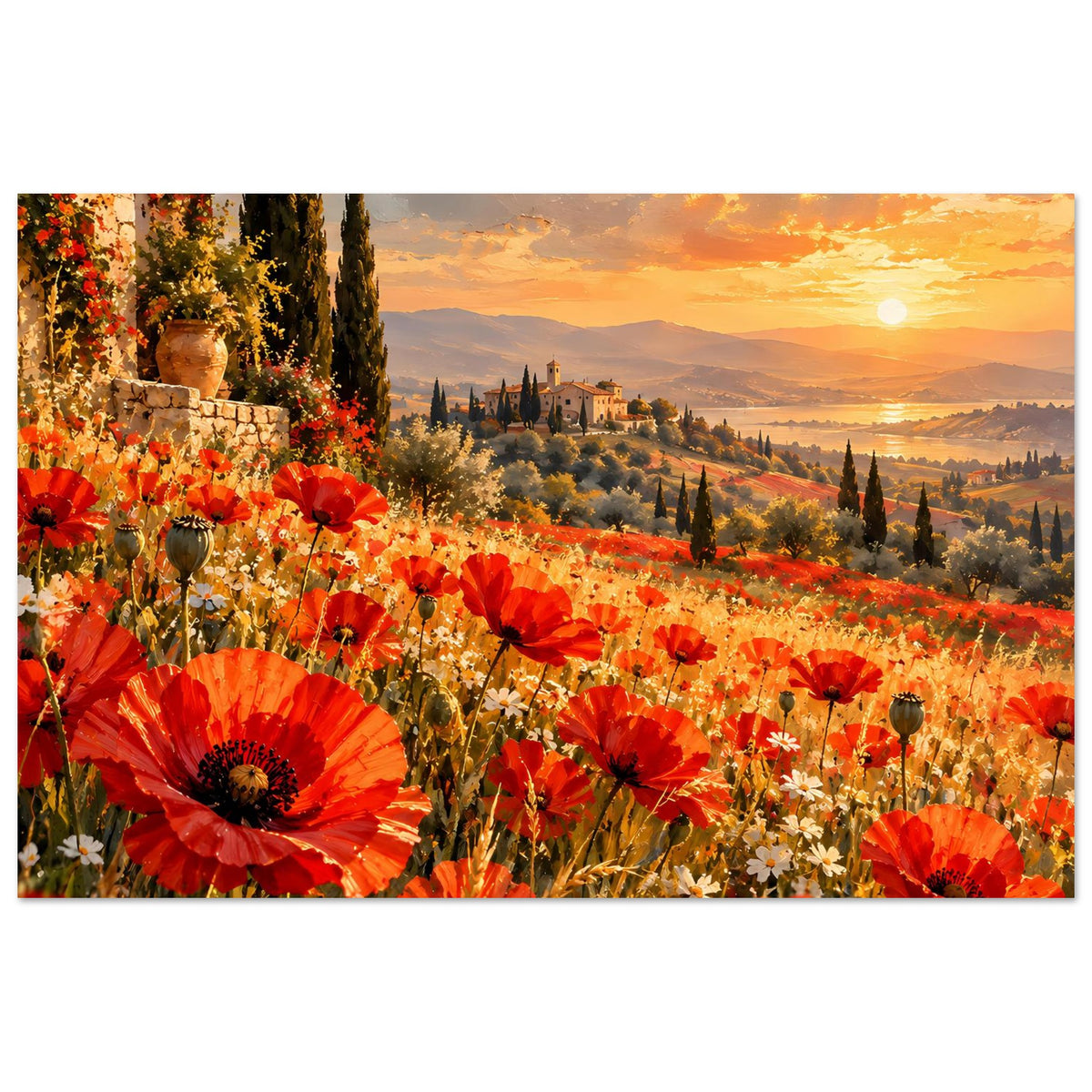 Poster Querformat: rotes Mohnblumenfeld, Sonnenuntergang über Hügeln und Zypressen