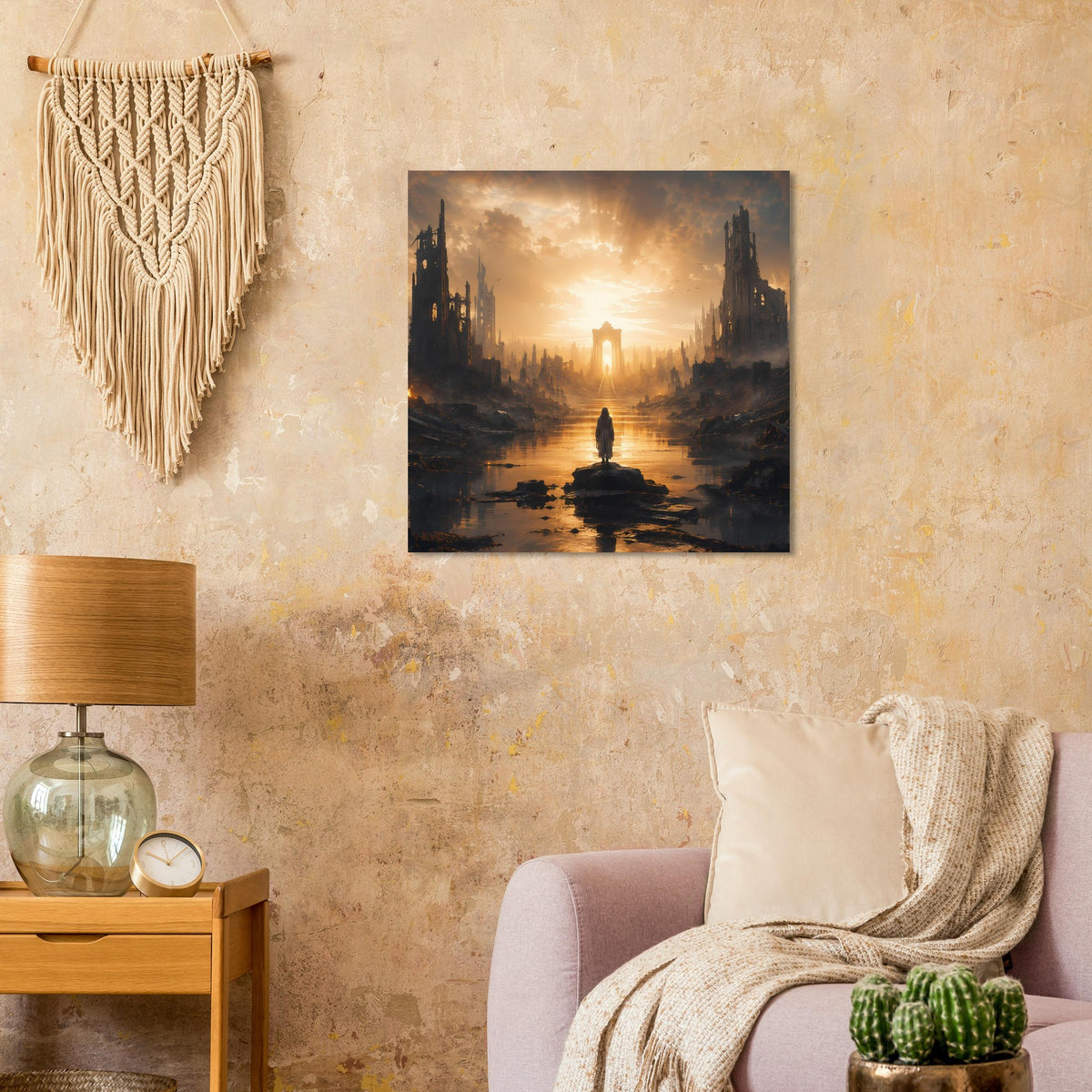 Poster mit Sonnenlicht durch Ruinenstadt, Figur im Fluss vor zentraler Lichtquelle