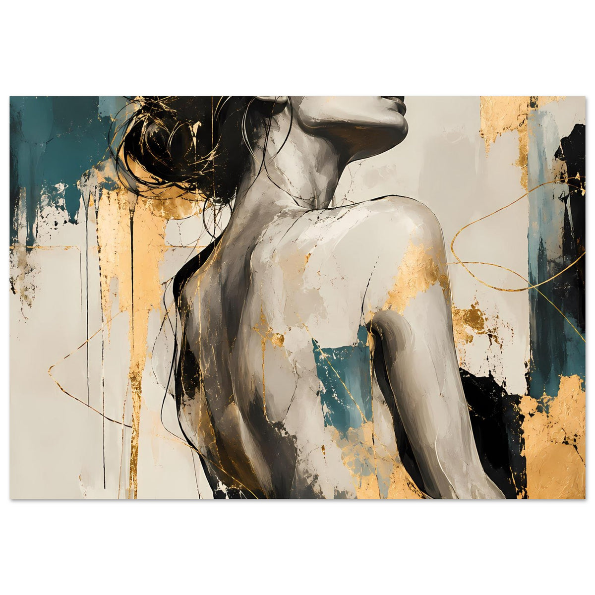 Kunst-Poster mit Frauenporträt im Profil, abstrakte Farbflächen in Gold, Petrol und Dunkelbraun
