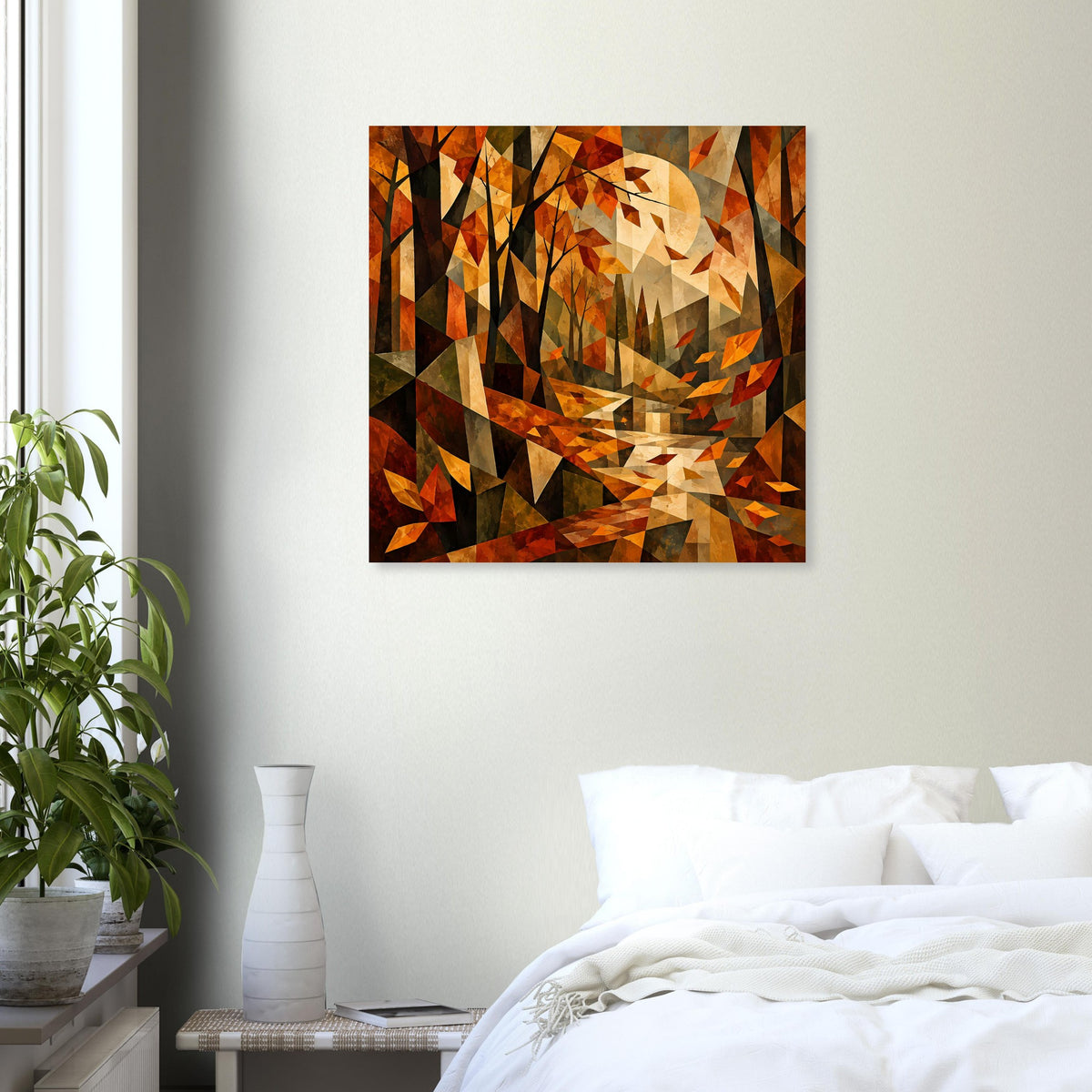Quadratisches Poster mit kubistischer Herbstlandschaft, geometrische Dreiecke in warmen Brauntönen.