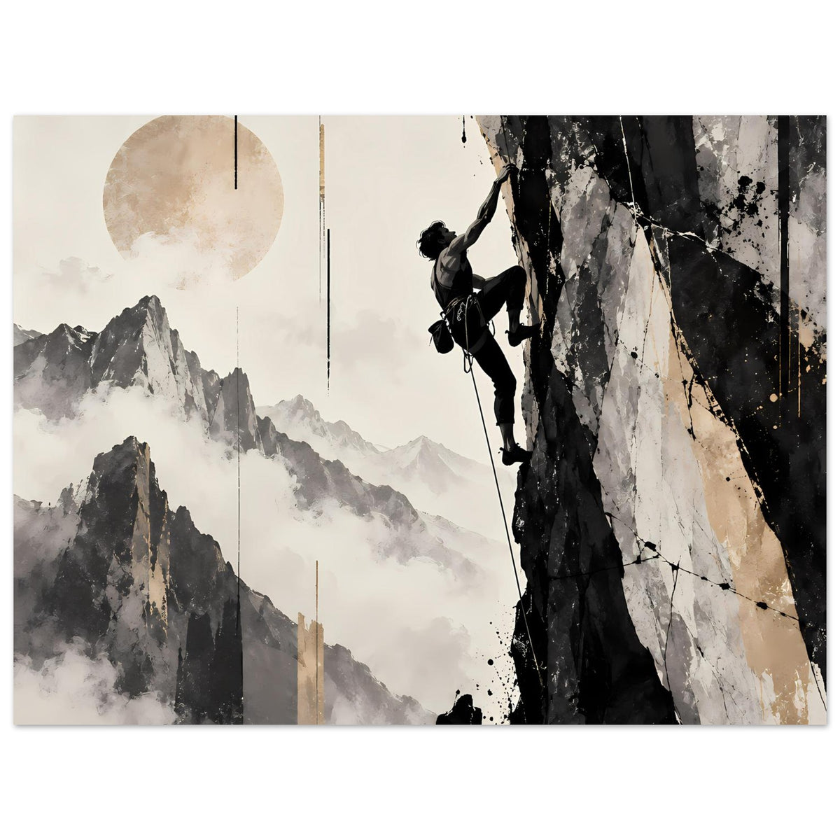 Horizontales Poster mit Bergsteiger am Fels und Bergpanorama, Schwarz-Weiß mit beigem Kreismotiv