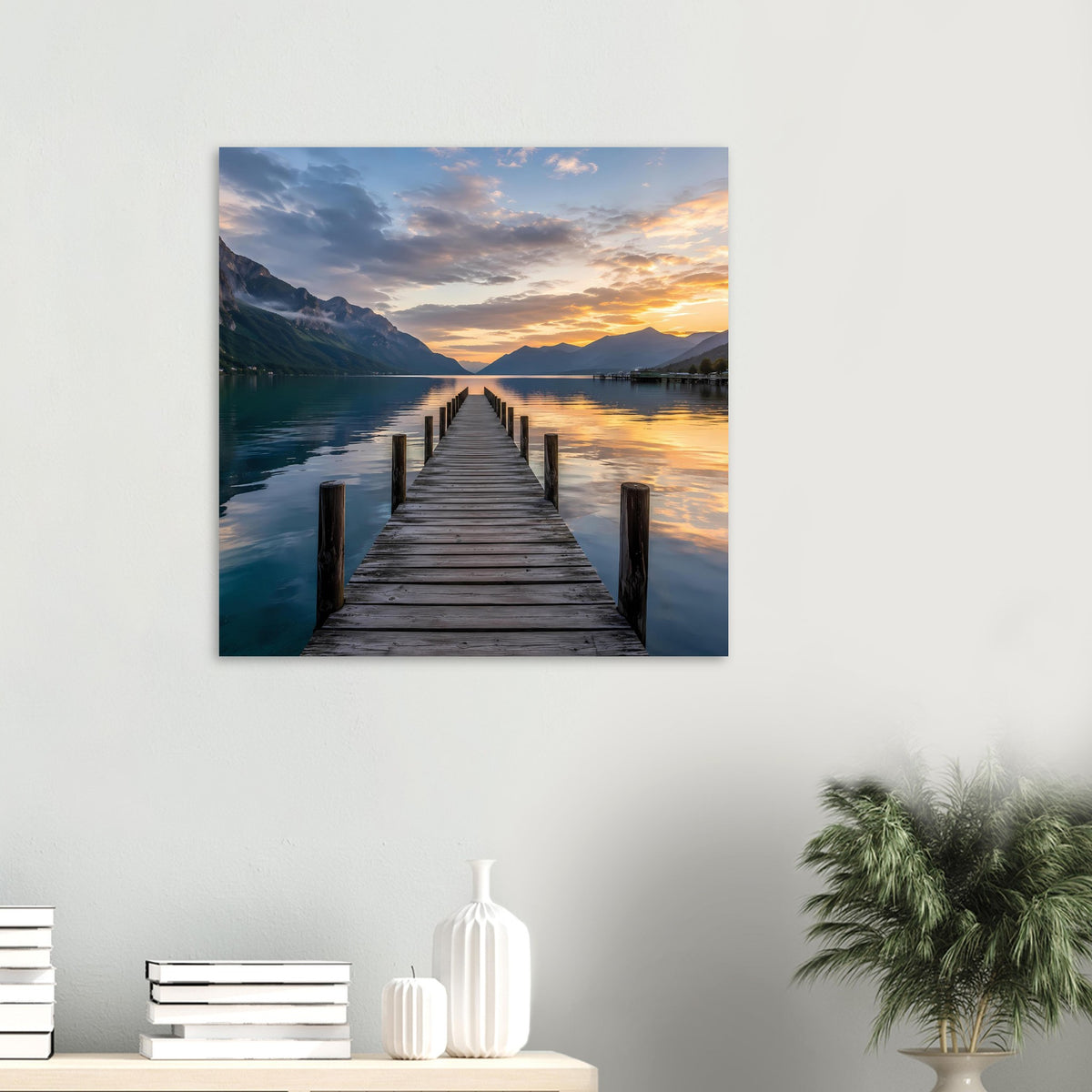 Quadratisches Poster mit Holzsteg über ruhigem Wasser im Sonnenuntergang