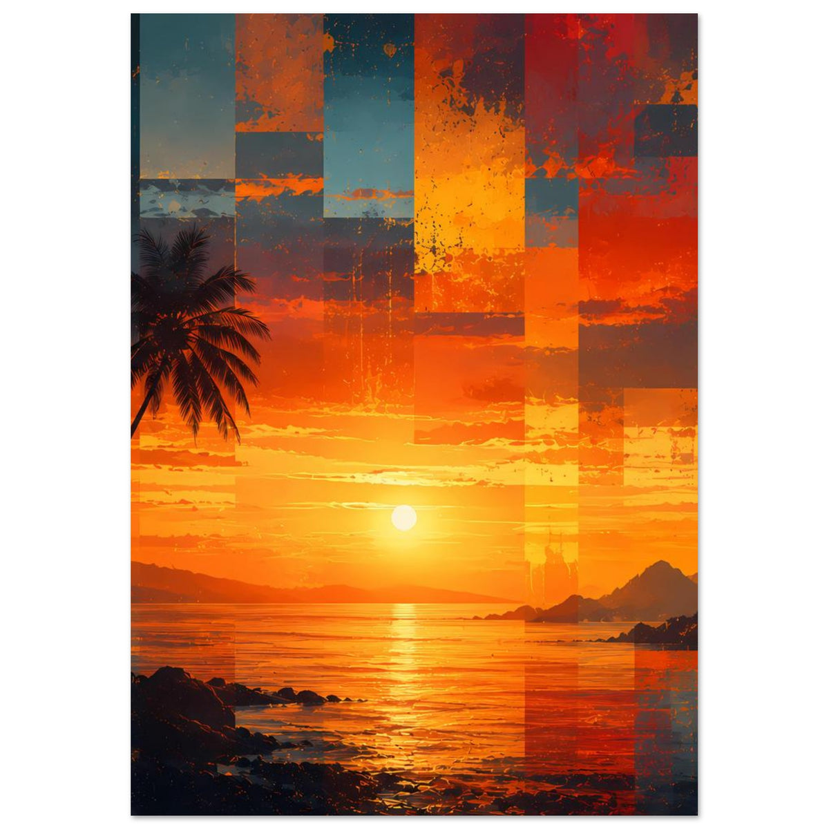 Kunstposter mit orange-gelbem Sonnenuntergang, Palmen-Silhouette links, reflektierendem Meer und Quadraten