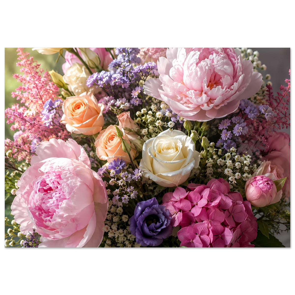 Blumenstrauß-Poster mit buntem Blütenstrauß aus Pfingstrosen, Rosen und kleinen Blüten