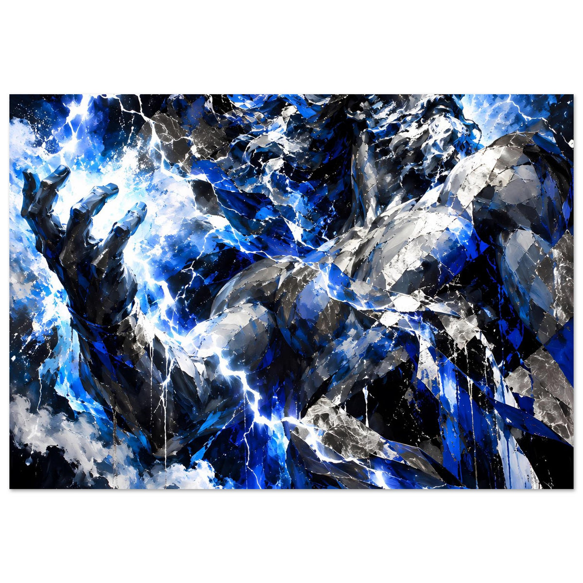 Horizontales Poster mit abstraktem Blitz- und Figurenrelief, Akzente in Blau und Weiß