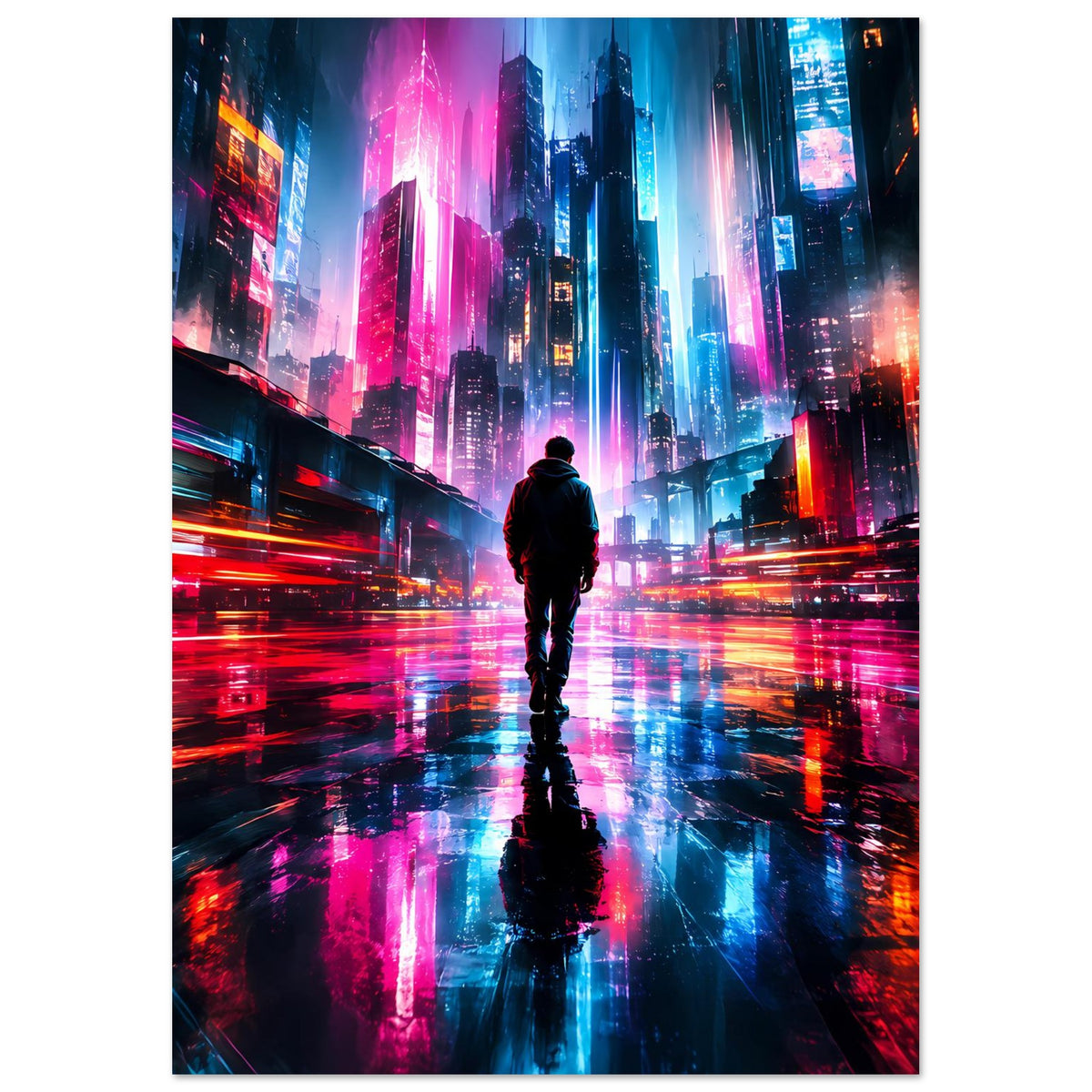 Hochformatiges Cyberpunk-Poster: stehende Silhouette in futuristischer Neonstadt mit Farbverläufen.