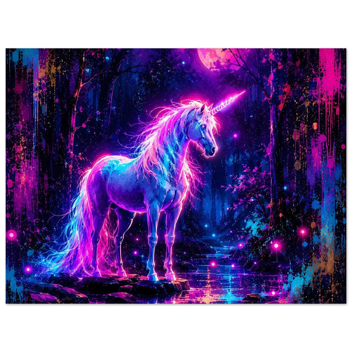 Neon-Einhorn-Poster im Querformat: stehendes Einhorn mit leuchtender Mähne vor magischem Wald