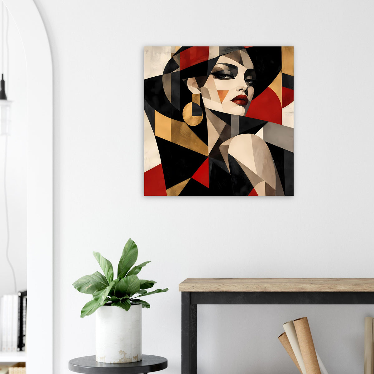 Quadratisches Leinwandbild mit Frauenkopf im Kubismus-Stil, Rot, Schwarz und Gold