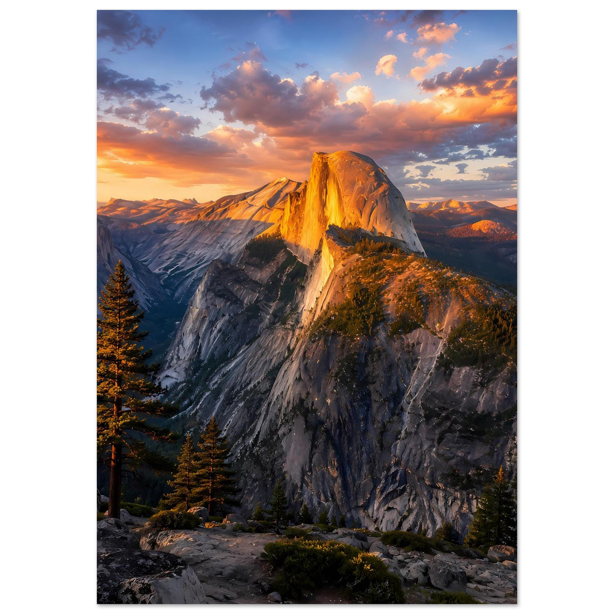 Hochformat-Poster: dramatisches Sonnenuntergangslicht auf Felsgipfel und Tannen