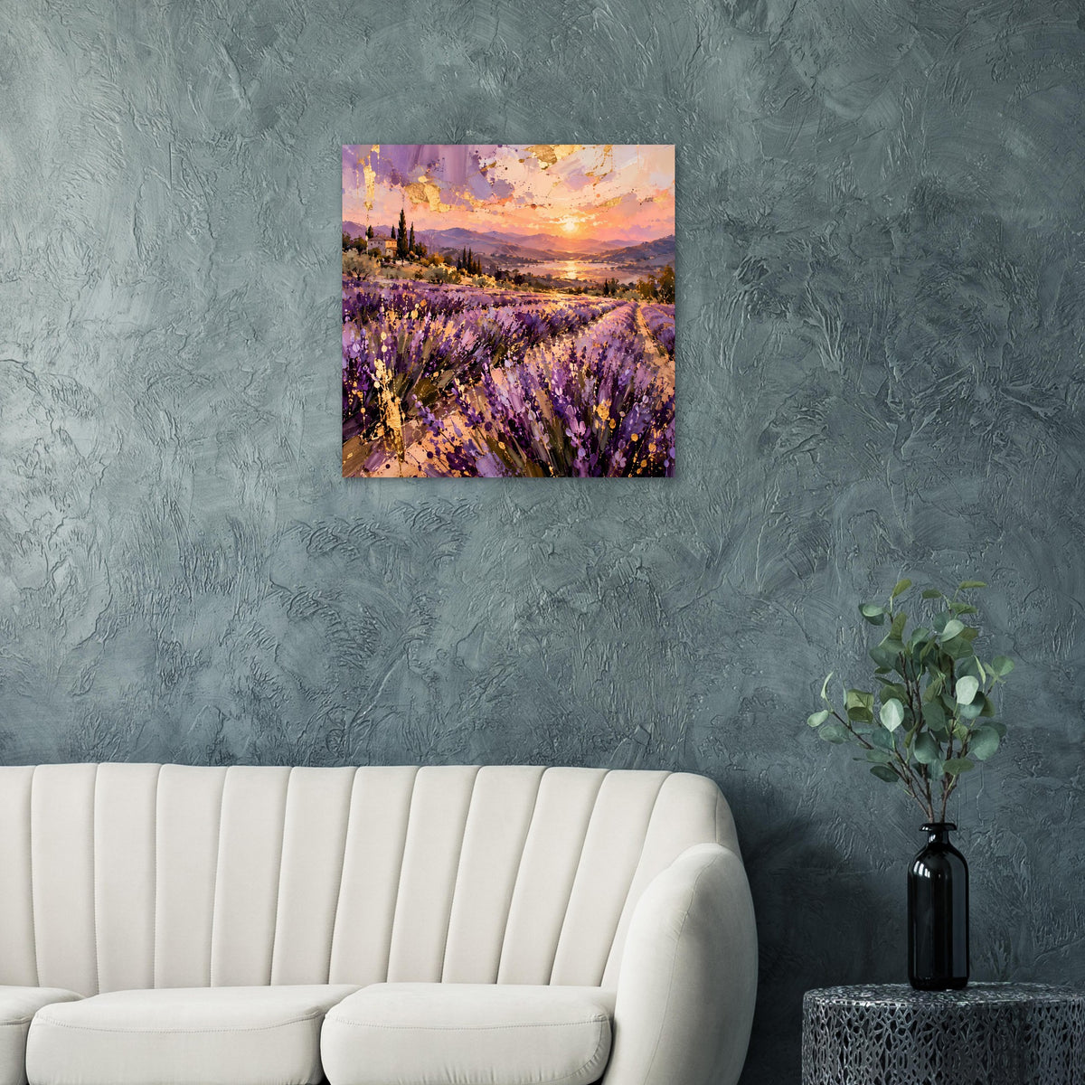Landschaftsposter mit Lavendelfeldern, goldenem Himmel und Abendstimmung, quadratisch