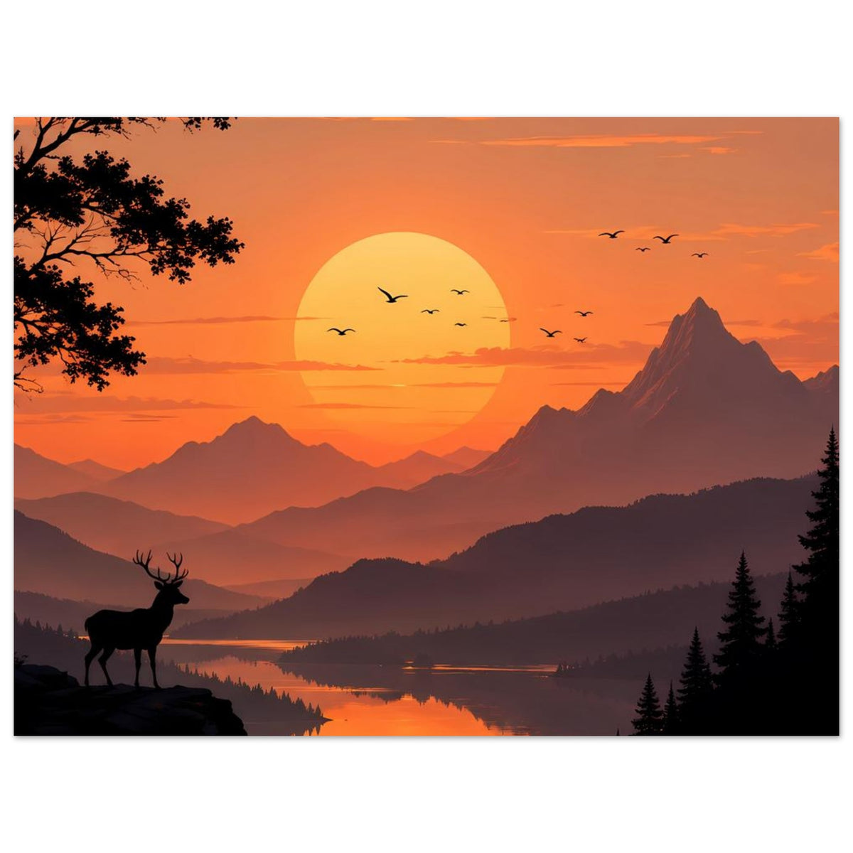 Poster mit Berg- und Seelandschaft, großer Sonne, Hirsch auf dem Felsen und Nadelbäumen.