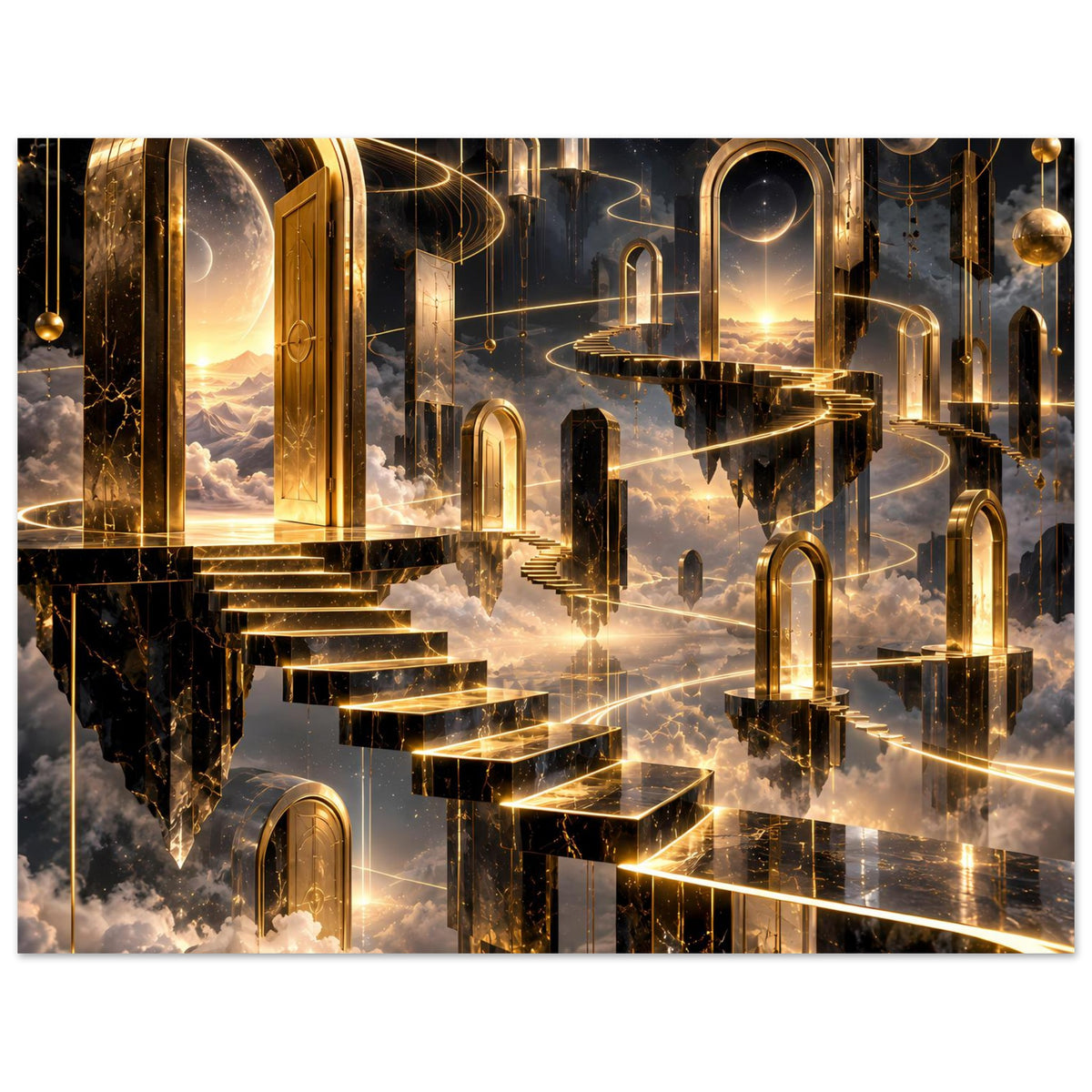 Luxuriöses Poster mit goldenen Arkaden, schimmernder Treppe und dunklem Wolkenhimmel