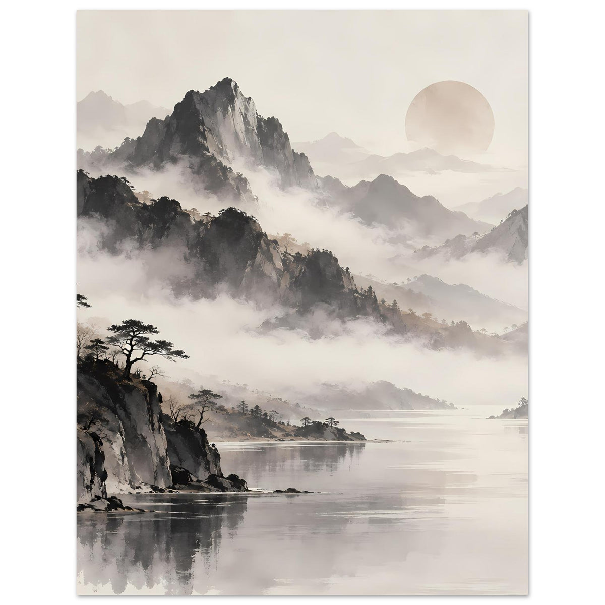 Poster im Hochformat mit Schwarzweiß-Gipfeln im Nebel, ruhigem See und rundem Mond