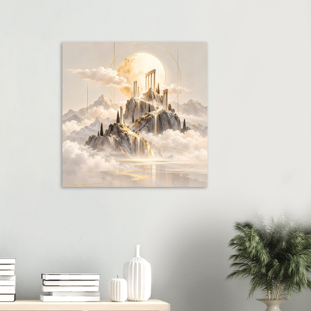 Quadratisches Wandposter mit goldenem Tempel über Nebel und spiegelndem Wasser