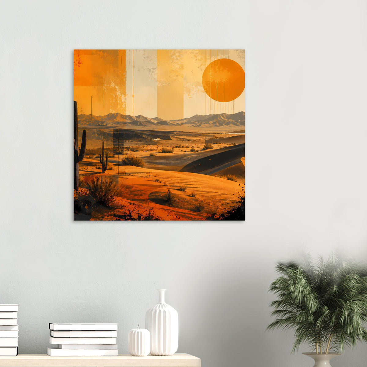 Gerahmtes Retro-Wüstenposter mit orangefarbener Sonne, Sanddünen und Wüstenlandschaft