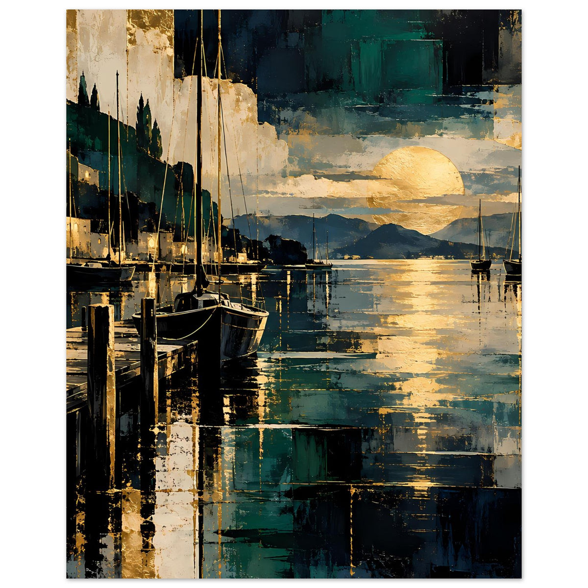 Maritimes Poster: Segelboote am Steg, spiegelndes Wasser und goldene Sonne am Horizont