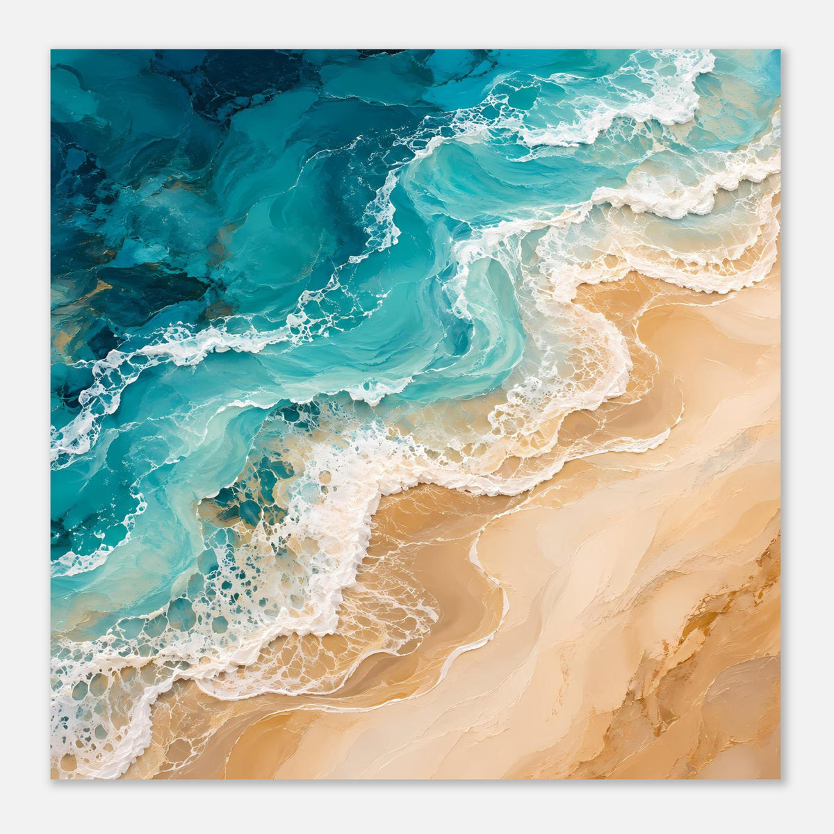 Abstraktes Meereswellen-Poster im Hochformat mit türkisblauem Wasser und beigem Strand