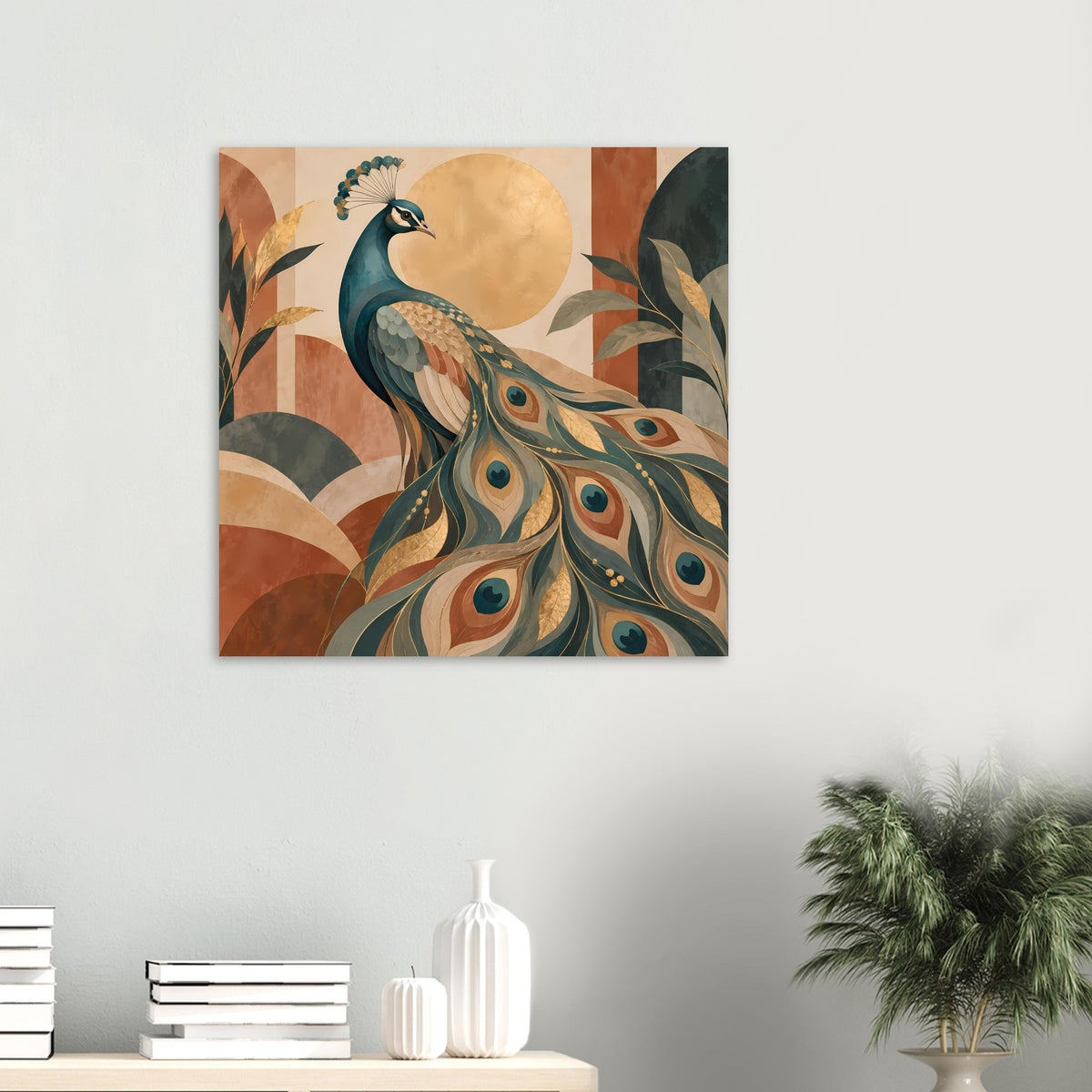 Pfau-Poster im Querformat mit Pfau und Ornamenten in warmen Erdtönen, goldene Details