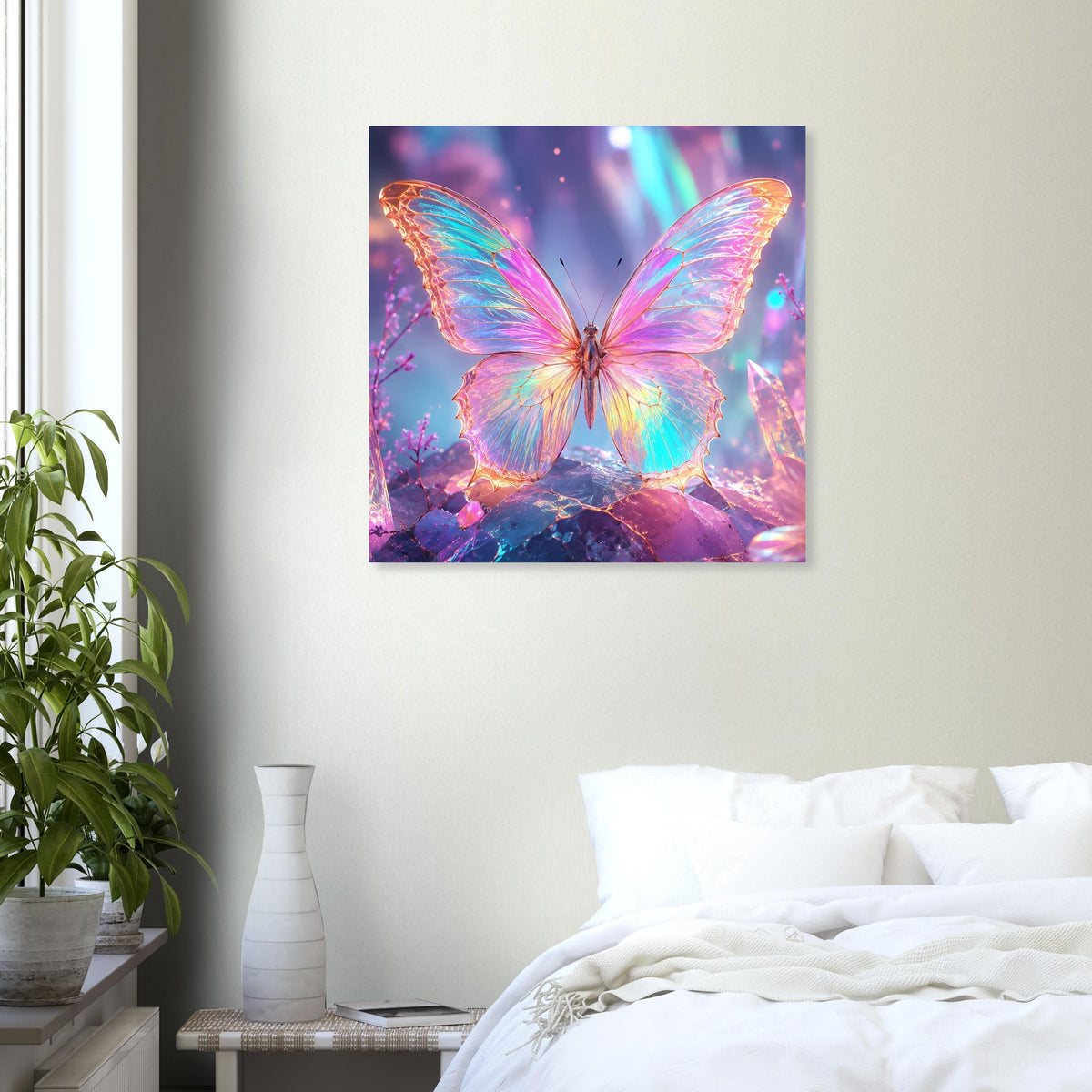 Quadratisches Fantasy-Poster mit Regenbogen-Schmetterling, großem Schmetterlingsmotiv