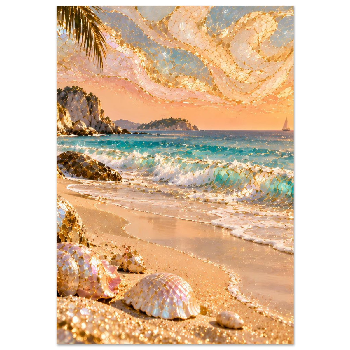 Strandposter im Hochformat: goldene Muscheln am Strand, rosa Himmel und Meereslinie